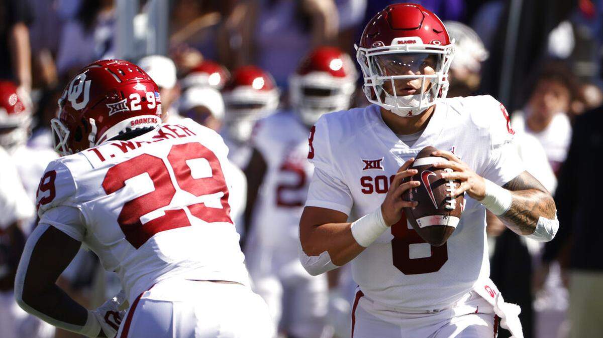 Oklahoma quarterback Dillon Gabriel (No. 8) looks to throw against TCU during the team’s Oct. 1 meeting in Fort Worth, Texas.