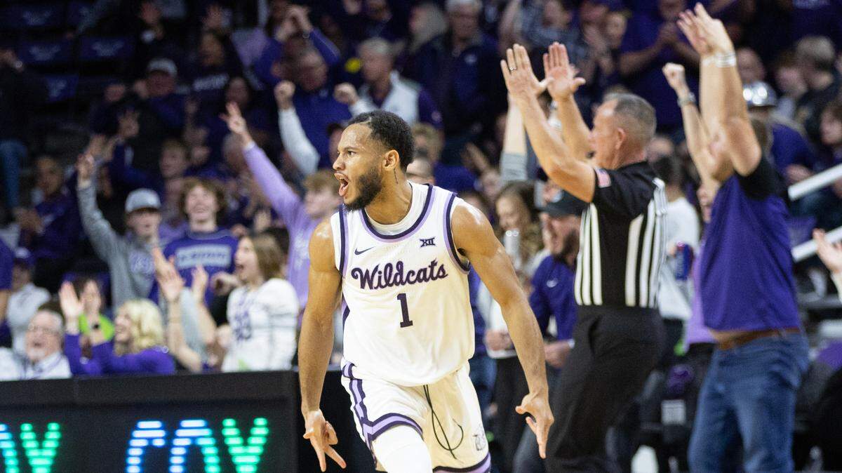 Kansas State’s Markquis Nowell celebrates a three pointer that end up being the winning basket against WIchita State on Saturday in Manhattan.