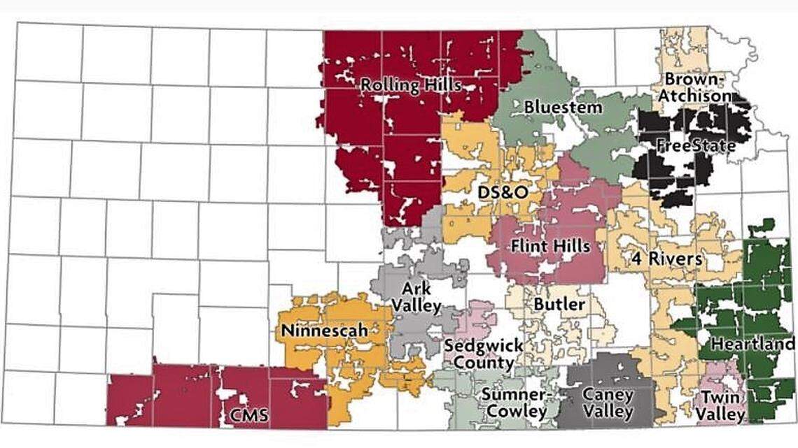 This map shows the service territories of the member utilities of KEPCo, a generation and transmission cooperative that provides power to rural electric cooperatives. KEPCo has filed a federal complaint claiming that Evergy is overcharging for operation and maintenance of power plants.