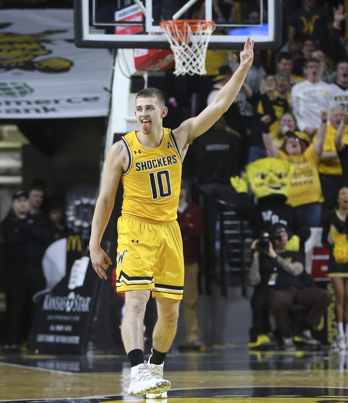 Wichita State guard Erik Stevenson celebrates a three-pointer during the second half of their game against SMU at Koch Arena on Wednesday.