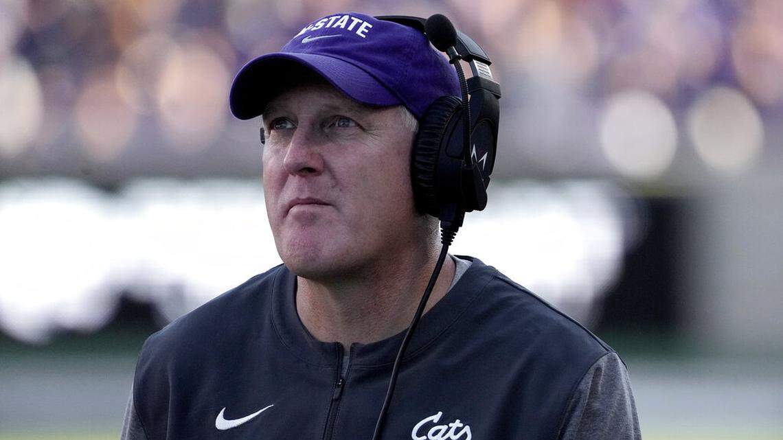 Kansas State head coach Chris Klieman watches during the second half of an NCAA college football game against Oklahoma State Saturday, Oct. 29, 2022, in Manhattan, Kan. (AP Photo/Charlie Riedel)