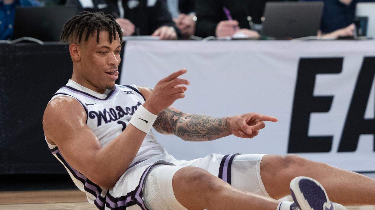 Kansas State’s Keyontae Johnson celebrates a basket and a foul during the first half of their east region semifinal game against Michigan State at Madison Square Garden on Thursday night.