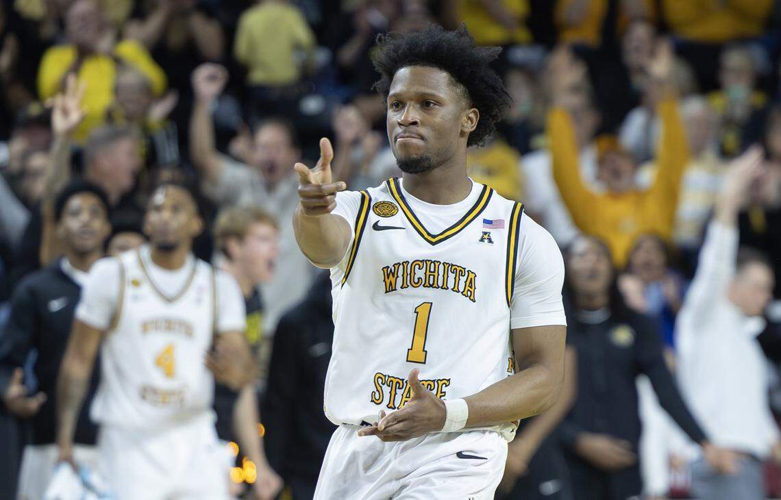 Wichita State’s Kenyon Giles celebrates a three pointer during the first half of their game against Loyola at Koch Arena.