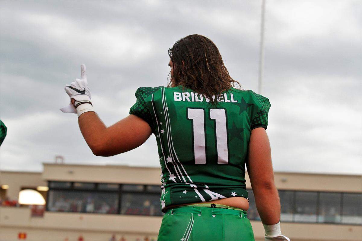 Northwest defensive end Garrett Bridwell prepares before the 2018 Kansas Shrine Bowl at Carnie Smith Stadium in Pittsburg, Kansas. The East beat the West 21-14. (July 28, 2018)