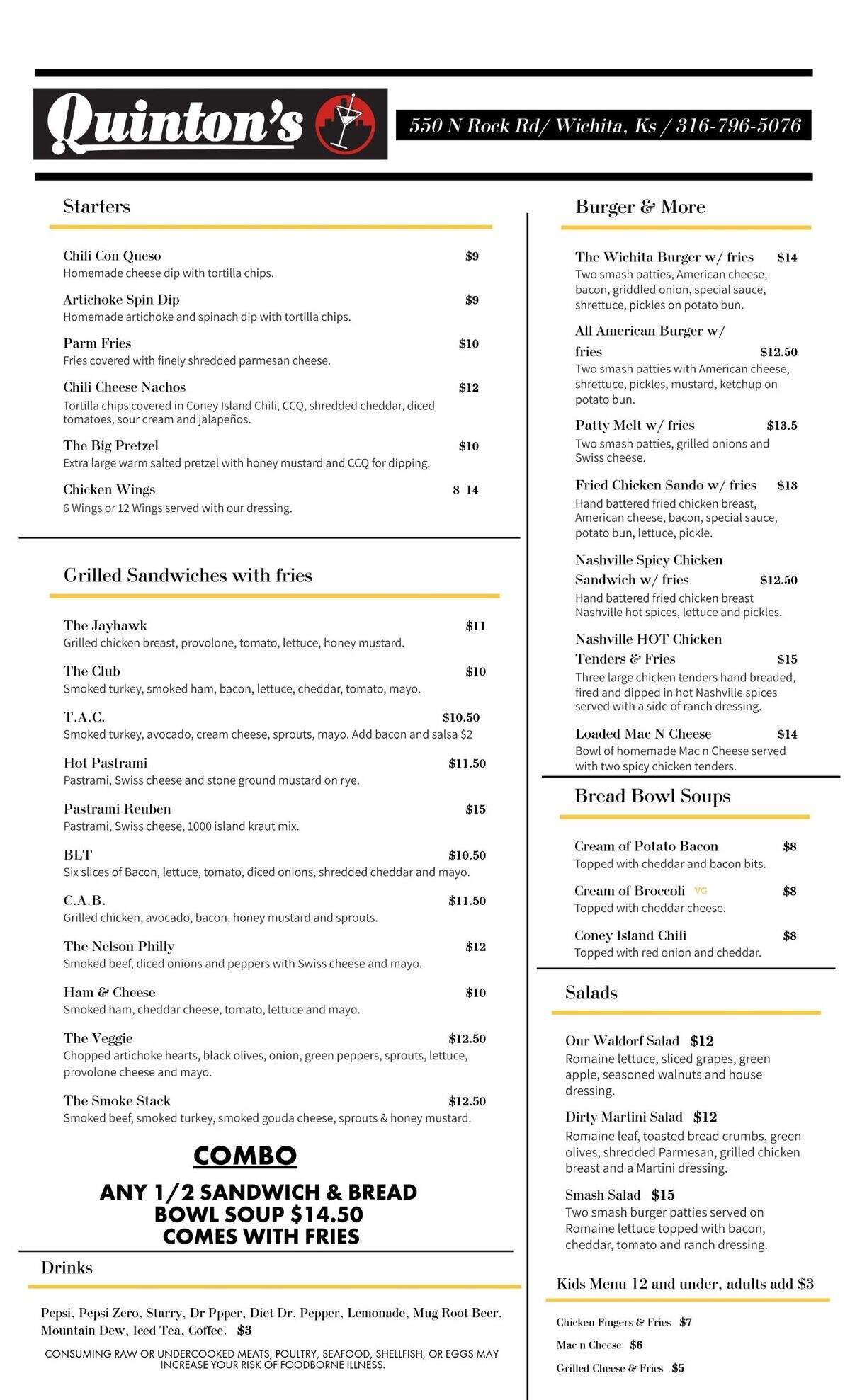 The menu for Quinton’s Bar & Grill at 550 N. Rock Road