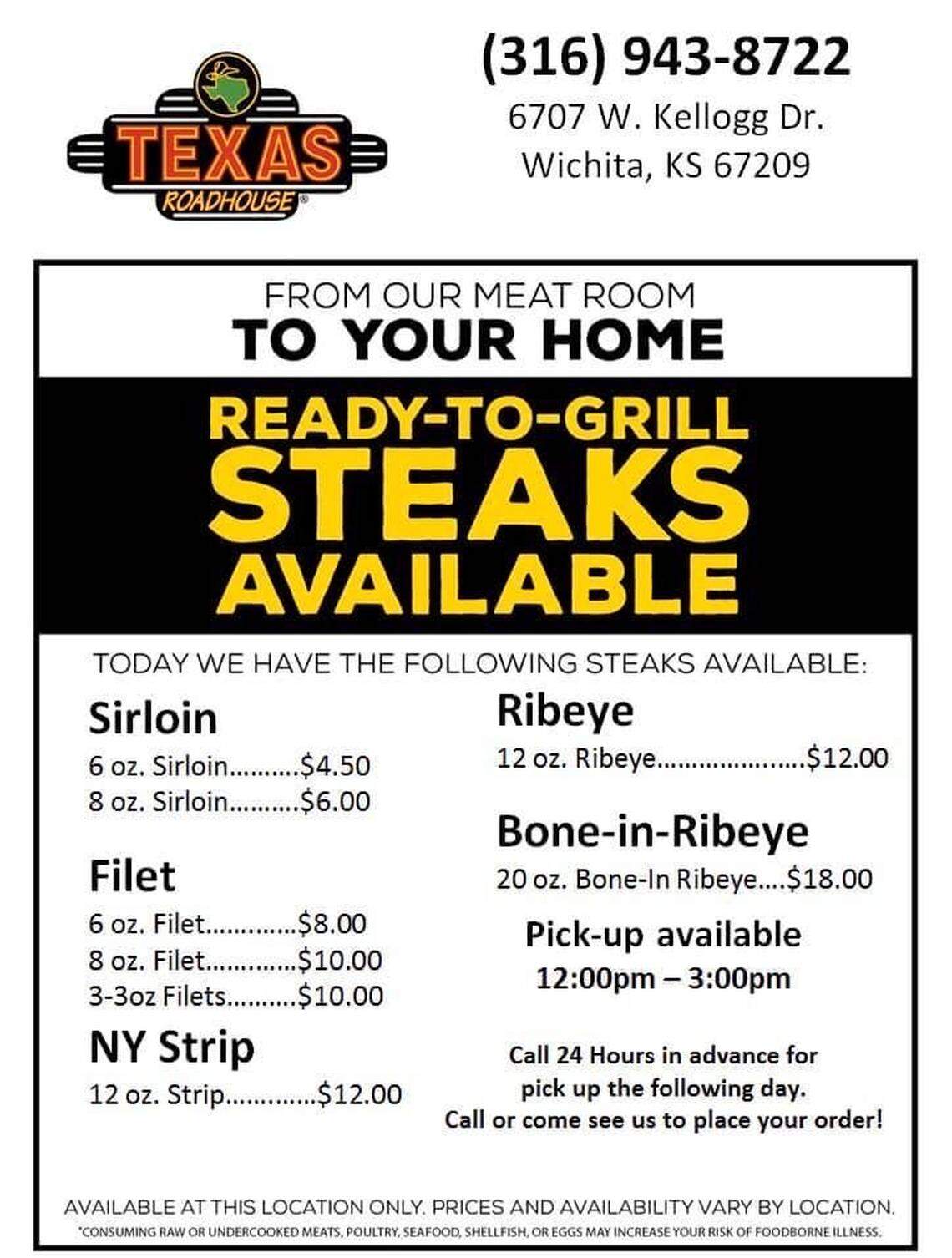The steaks-to-go menu from Texas Roadhouse