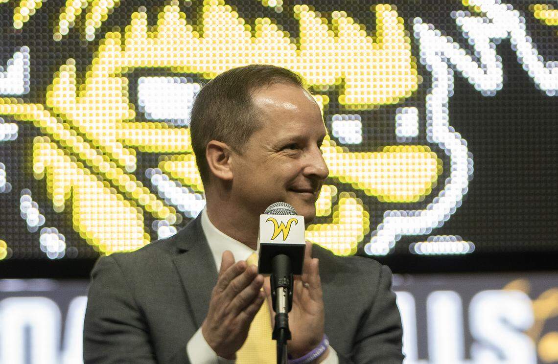 New Wichita State basketball coach Paul Mills is presented to the community during a ceremony at Koch Arena on Thursday, March 23, 2023.