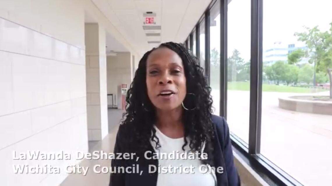 Wichita City Council candidate LaWanda DeShazer taped a video at City Hall to promote her campaign launch event. A Facebook post with the video has been deleted.