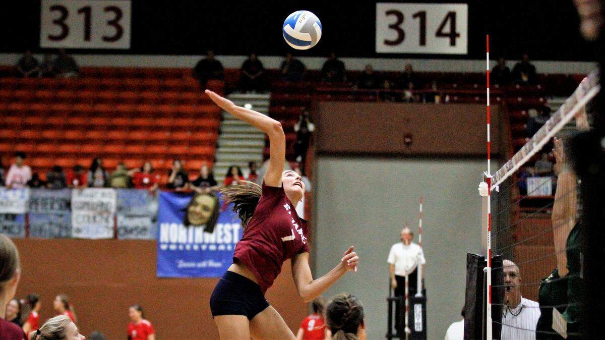 St. James Academy senior hitter Audrey Klemp goes for a spike against Maize South at the 2018 Kansas Class 5A tournament Friday in Salina. (Oct. 26, 2018)