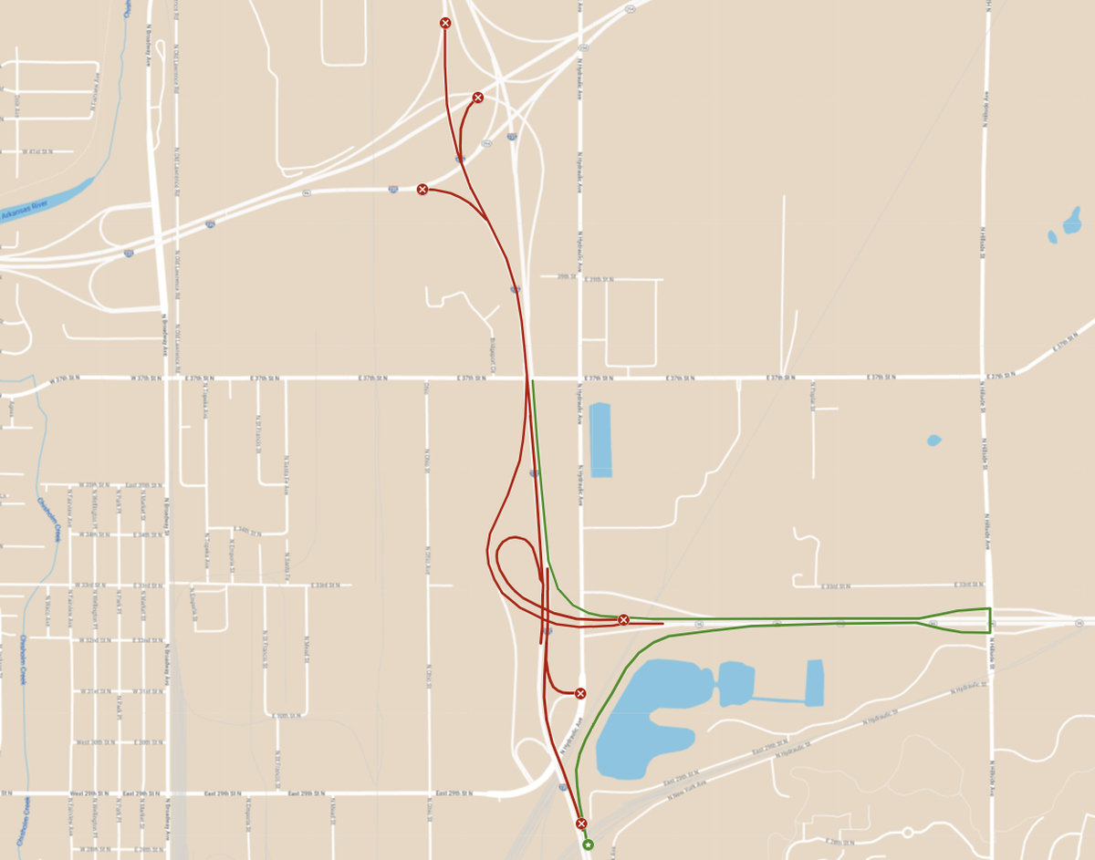 The Kansas Department of Transportation provided this map of the closures and detours on I-135 for the upcoming two weekends.