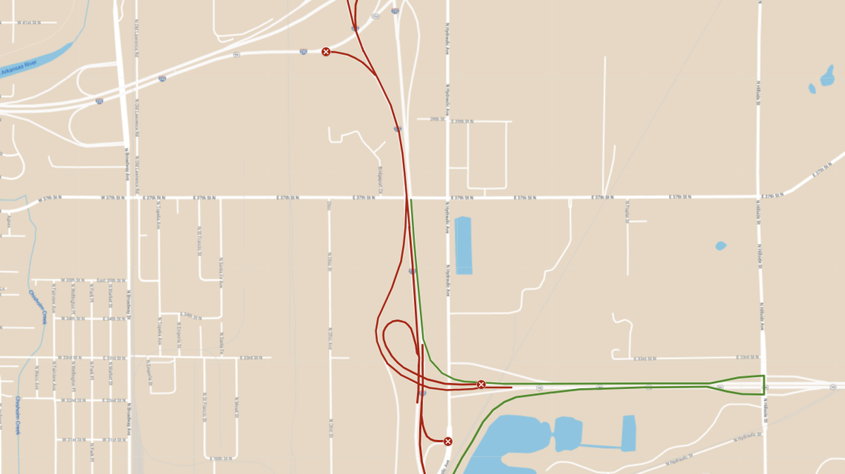 The Kansas Department of Transportation provided this map of the closures and detours on I-135 for the upcoming two weekends.