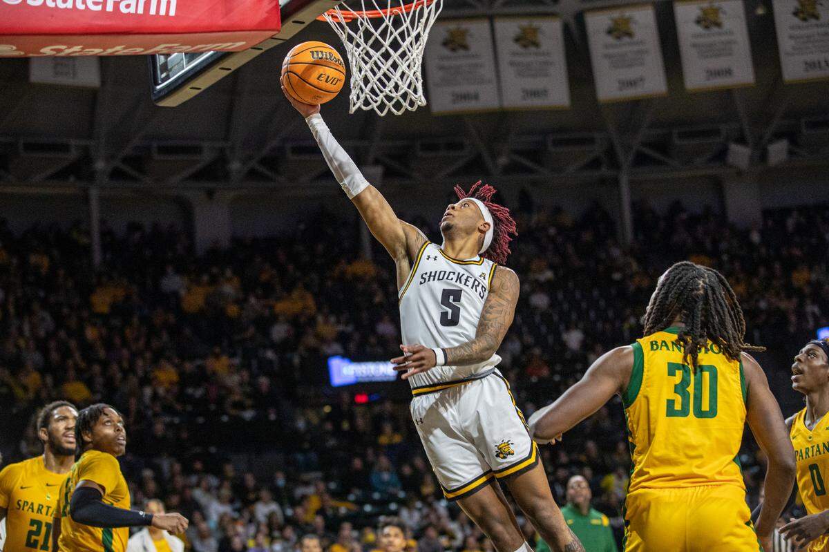Wichita State forward Monzy Jackson drives to the basket in the Shockers’ 71-58 win over Norfolk State at Koch Arena.