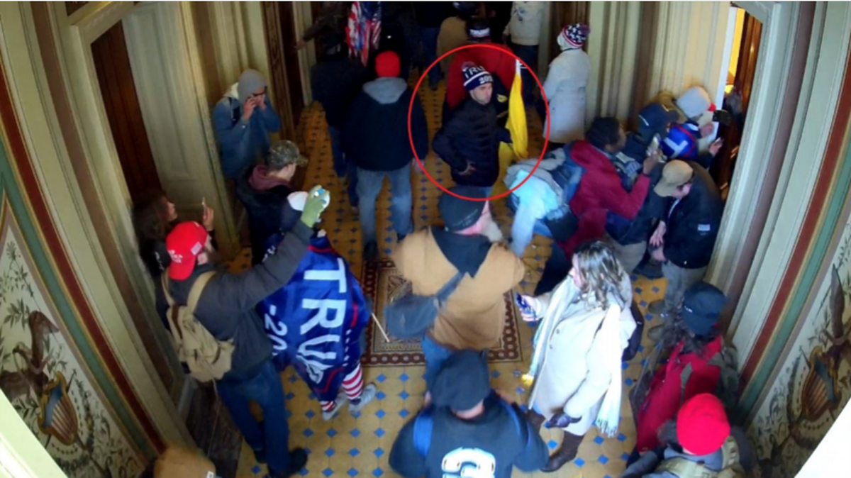 Federal Bureau of Investigation agents say Mark Rebegila, of St. Mary’s, is shown in the halls of Congress during the Capitol riot on Jan. 6. The image was captured by US Capitol CCTV, with the red circle around Rebegila added later for clarity purposes in court documents.