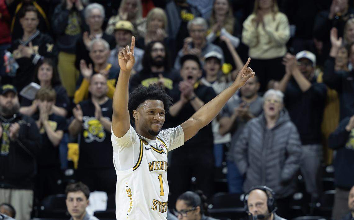 Wichita State’s Kenyon Giles acknowledges the cheers of the crowd as he’s taken out of the game against Florida Atlantic on Saturday at Koch Arena. Giles has rewritten the single season three-point record in his lone season at WSU.