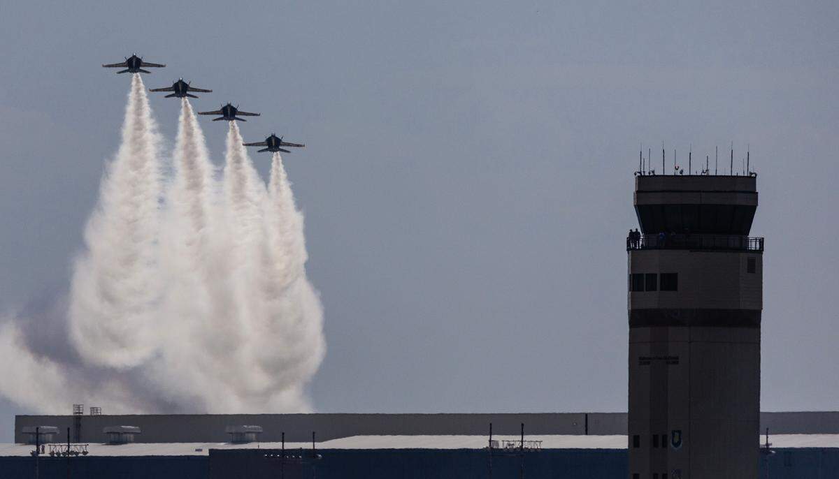 The Blue Angels soar over the McConnell airfield on Saturday during the Frontiers in Flight airshow.