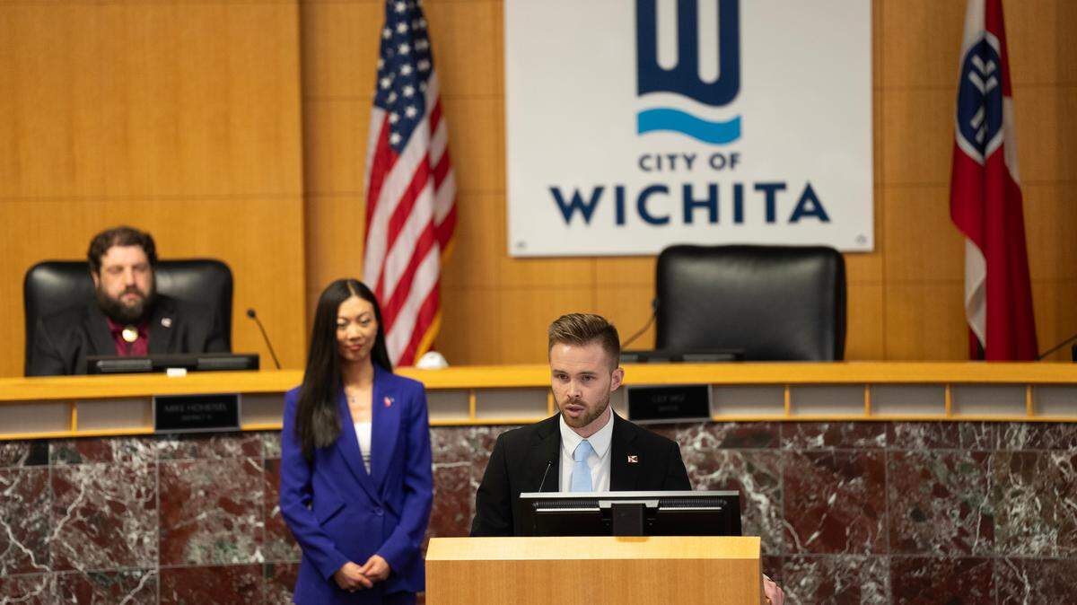 Wichita City Council member Dalton Glasscock addresses the crowd after being sworn in on Monday evening.