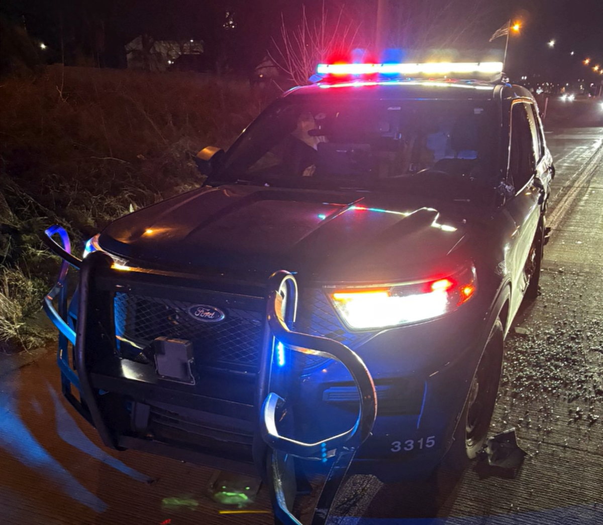 This photo, shared in a Facebook reel by the Sedgwick County Sheriff’s Office, shows a patrol vehicle that was damaged after being struck by a semi truck early Tuesday morning. The deputy, who was inside the vehicle when the collision happened, sustained minor injuries.