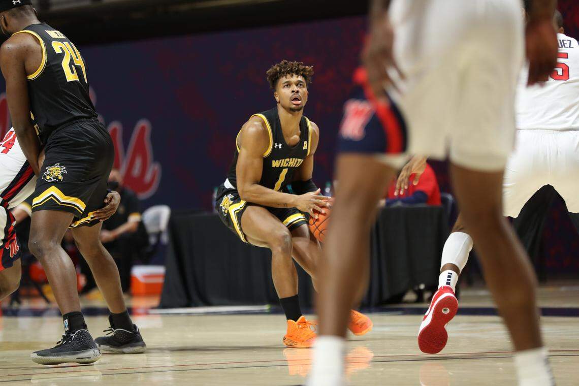 Wichita State sophomore Tyson Etienne lines up a three-pointer in WSU’s game Saturday night in Oxford, Miss. against Mississippi.