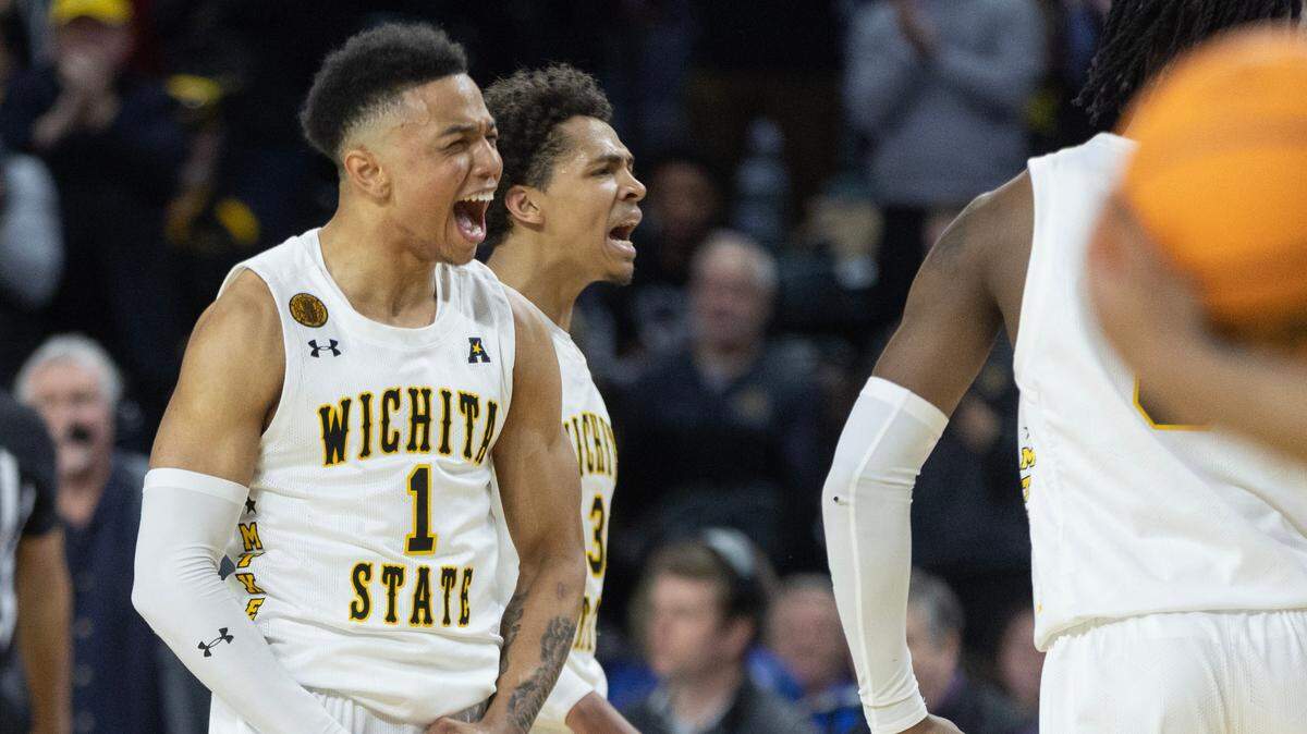 Wichita State’s Xavier Bell celebrates the Shockers taking their first lead of the game late in the second half against Tulsa on Saturday.