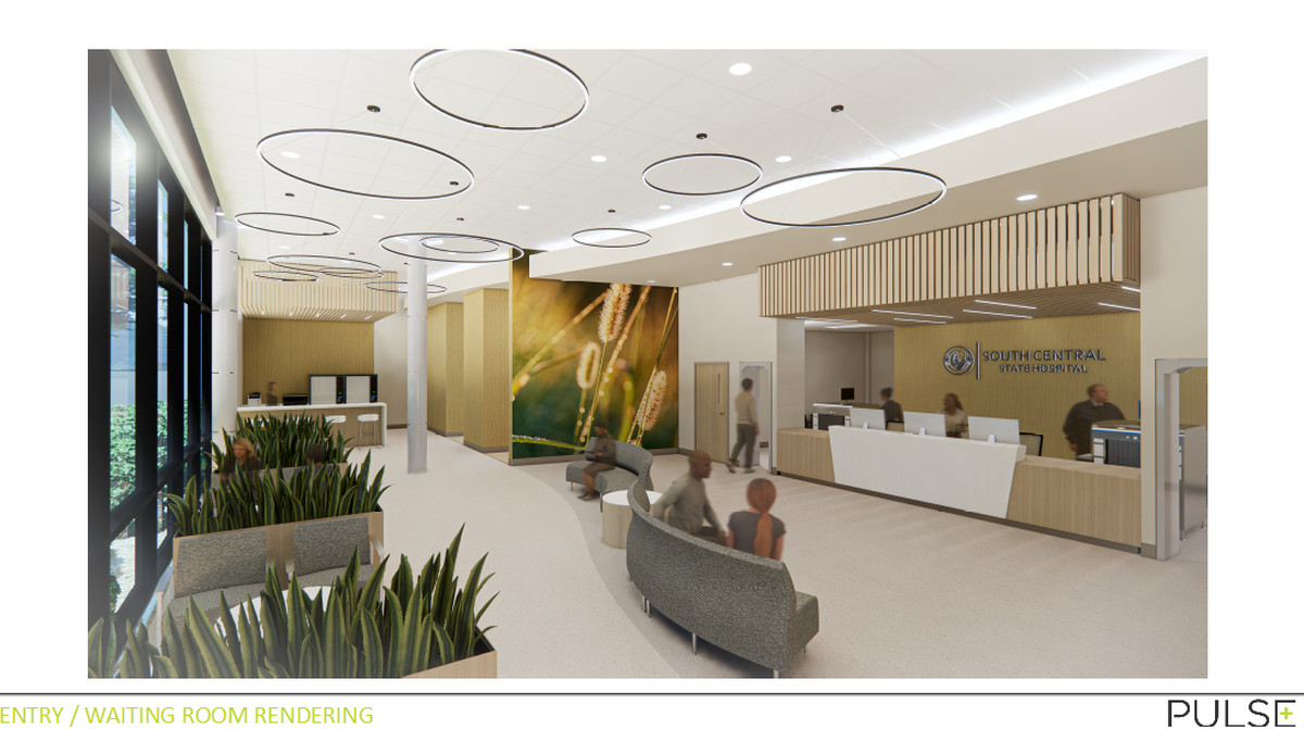 This rendering shows what the entry and waiting room of Sedgwick County’s psychiatric hospital could look like.