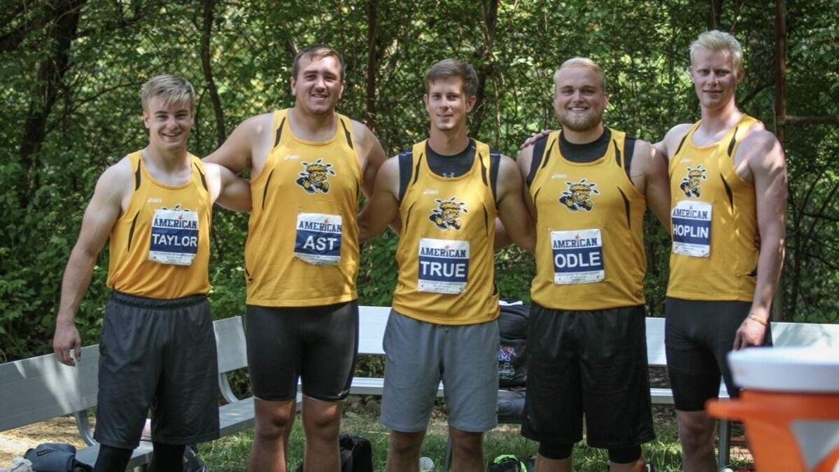 The Wichita State men's javelin throwers are ranked No. 1 in the country. From left to right: Taran Taylor, Jeff Ast, Aaron True, Damien Odle, and John Hoplin.