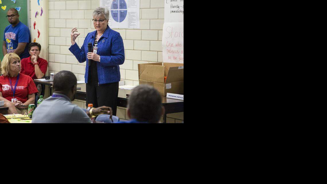 Terri Moses, executive director of Safety Services for USD 259, introduces a new training program to South High staff about what to do if a violent intruder enters their school. The Run, Hide, Fight Intruder Response plan is being taught to teachers and staff throughout the district with the support of WPS Safety Services. (Aug. 6, 2014) 

