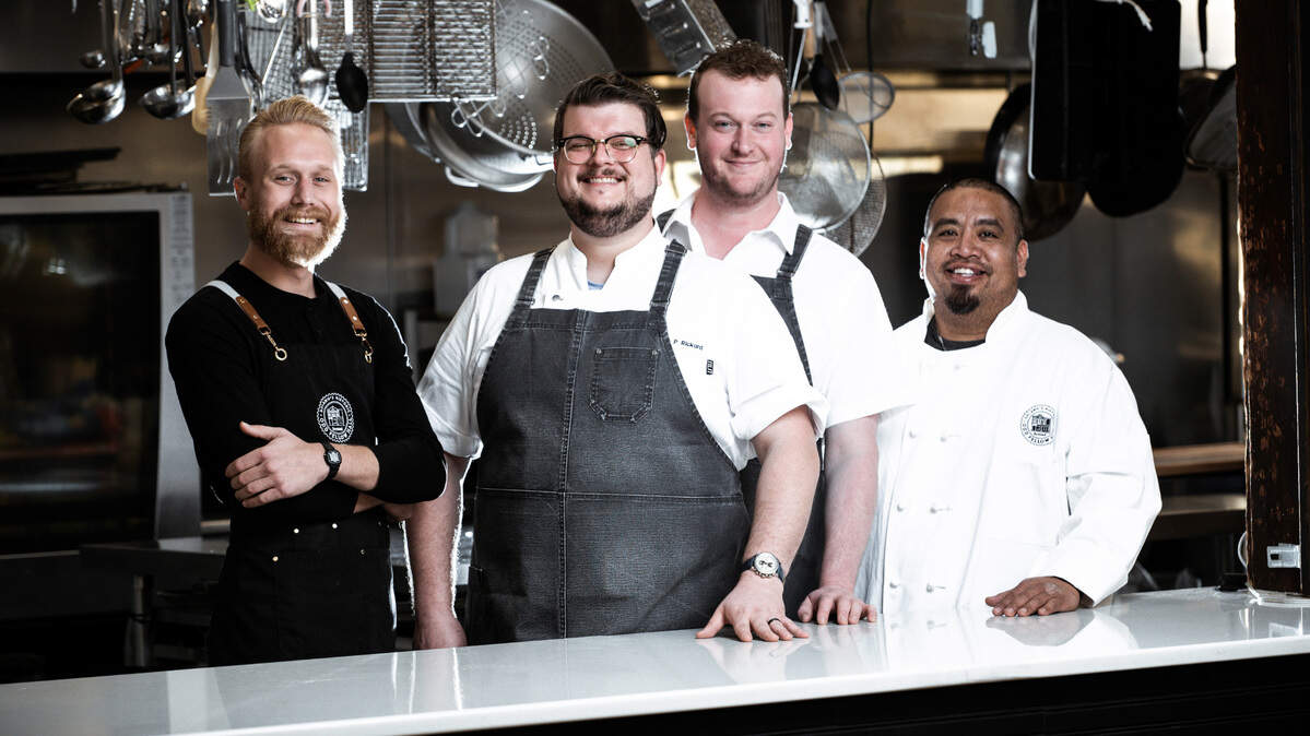 Brothers Jason and Jordan Rickard, center, joined Odd Fellow Hall’s William Cody Lonergan, far left, and Jimmy Vo, far right, to lead Saturday’s Chef’s Collective Dinner at Odd Fellow Hall. The brothers are opening a new Italian restaurant this spring called FioRito Ristorante.