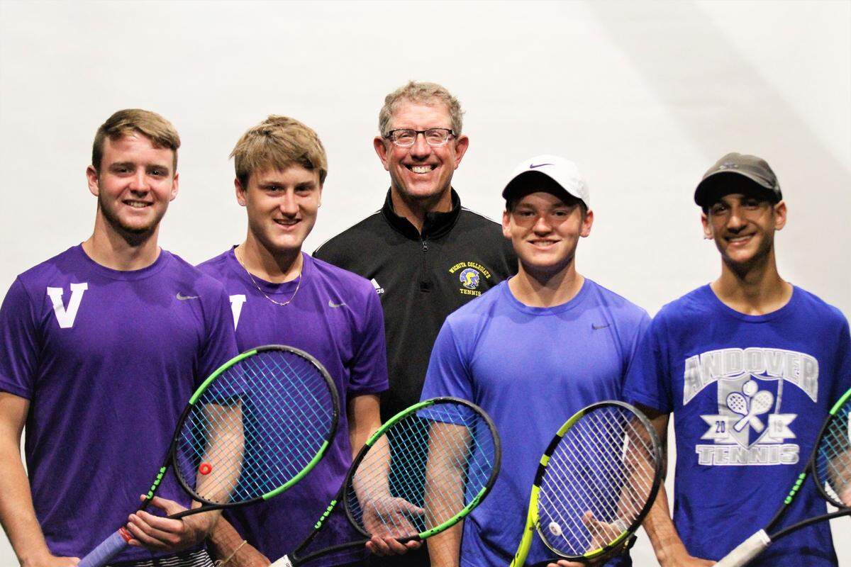 The Wichita Eagle’s 2019 All-Metro Boys Tennis Team: (Left to right) Colby Swift, Valley Center; Hayden Brauer, Valley Center; Dave Hawley, Collegiate, All-Metro Coach of the Year; Carson Mosier, Circle; Jadyn Richardson, Andover