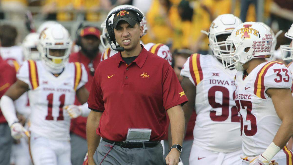 Iowa State head football coach Matt Campbell looks on during a time out against Baylor in the second half of a NCAA college football game, Saturday, Nov. 18, 2017, in Waco, Texas. Iowa State won 23-13. (Rod Aydelotte/Waco Tribune-Herald via AP)