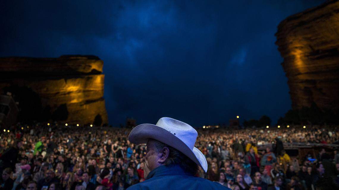 The crowd waits for “The Decemberists” to take to the stage for a performance at the Red Rocks Amphitheater on Tuesday, May 22, 2018 in Morrison, Colo.