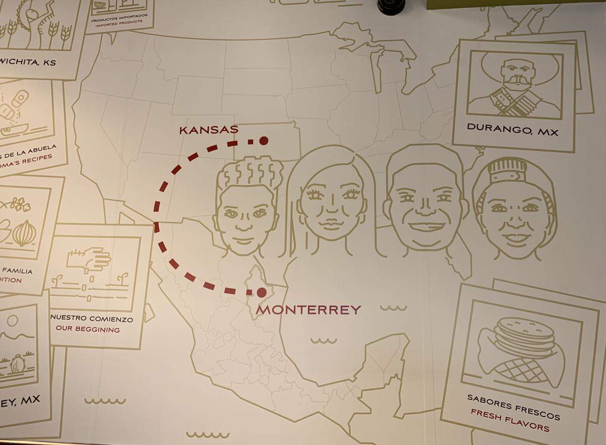A mural in the new Molino’s Taqueria tells the story of Mario Quiroz’s and Mara Garza’s journey to Kansas.