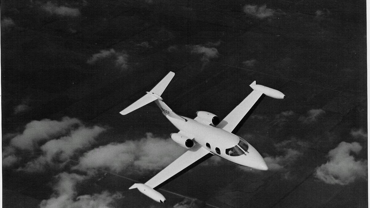 The 1964 Lear Jet 23, registered N200Y with the FAA and also known by its manufacturer’s serial number, 23-003, in flight. “It was the first plane that was specifically built as a business jet,” said Dick Kovich, the unofficial Learjet historian.