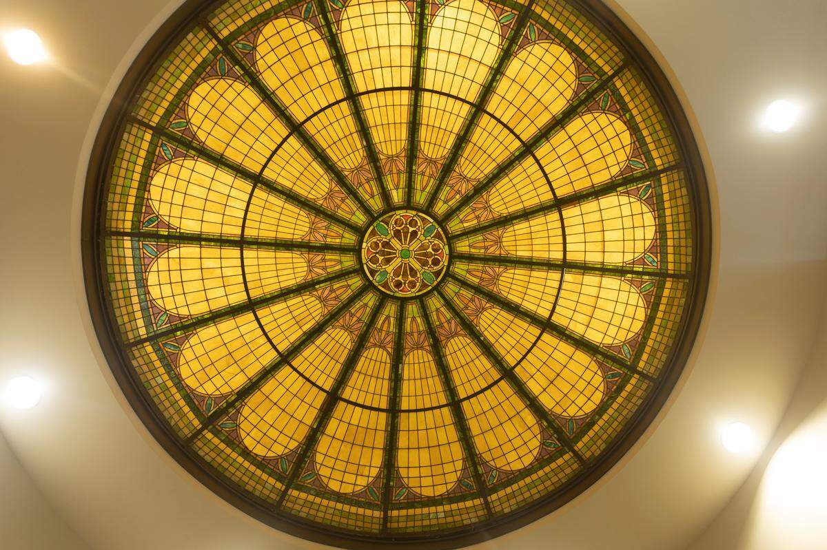 Looking up at the glass dome from The Looking Glass in 2021