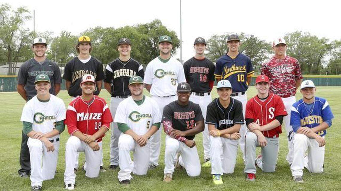 The 2014 Wichita Eagle All-Metro baseball team. Front row: Carroll's Bryce Fischer, Maize's Brady Hoover, Carroll's Taylor Sanagorski, Heights' Curtis Whitten, Eisenhower's Braden Minor, Sedgwick's Brylie Ware, and Bluestem's Cooper Minnick. Back row: Derby's Travis Young, Andale's Tyler Jones, Andover Central's Kier Stamp, Carroll's Jordan Miller, Heights' Keylan Killgore, Northwest's Jordan Dingman and Rose Hill coach Scott Carr. 
