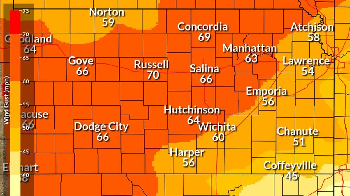 The National Weather Service in Wichita is forecasting wind gusts as high as 70 mph in part of Kansas on Wednesday.