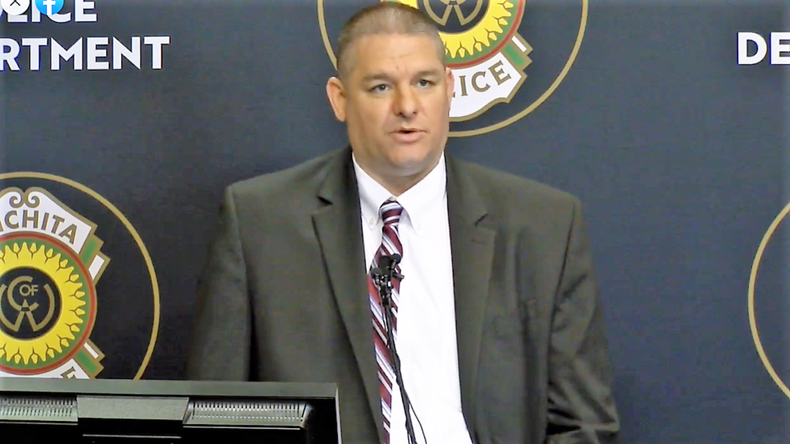 Wichita police Capt. Jason Stephens at a media briefing on Monday, March 8, 2021.