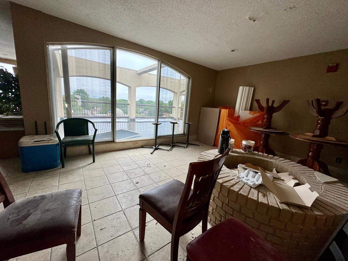 The abandoned sixth-floor restaurant space at the Red Roof Plus hotel, 7335 E. Kellogg, has a circular brick fire place put in by a previous owner.