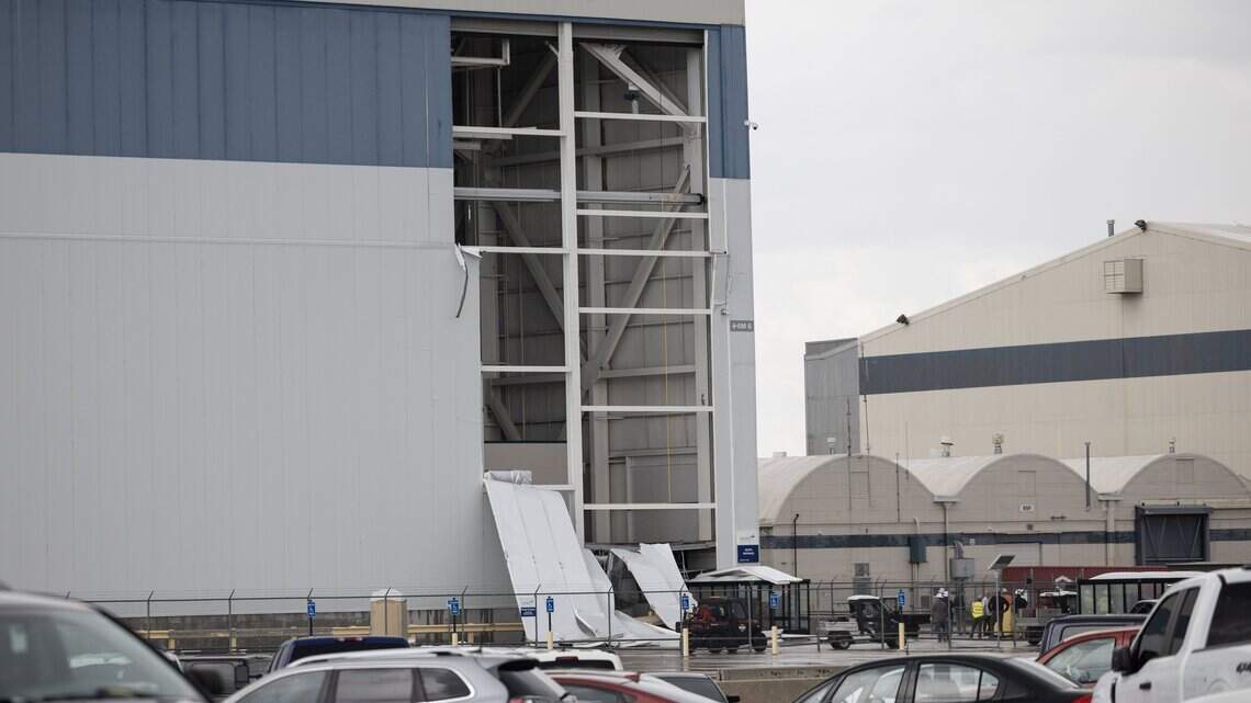Strong winds take out part of a 70-foot wall at Boeing. No injuries reported