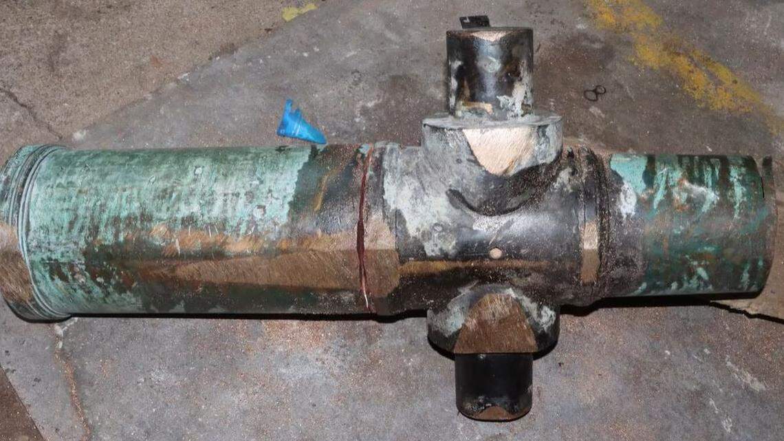 An image Wichita police released shows the damage to a cannon stolen from Central Riverside Park in April. The front of the cannon has been cut off.