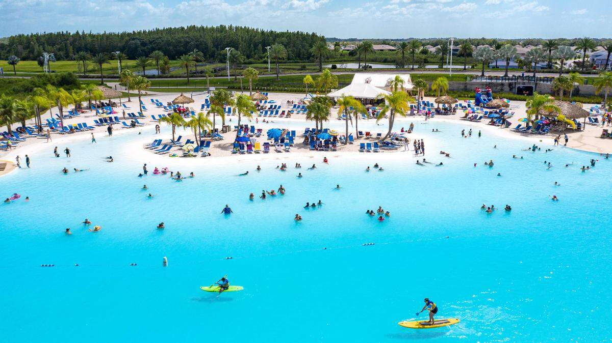 Sand surrounds the zero-entry Derby Shores lagoon, which goes to depths of 8 feet. “And you feel like you’re on a beach,” said partner Rodney Steven II. “We’ll bring in tons and tons of white sand.” He compares it to the Caribbean “except the water is even clearer.”    