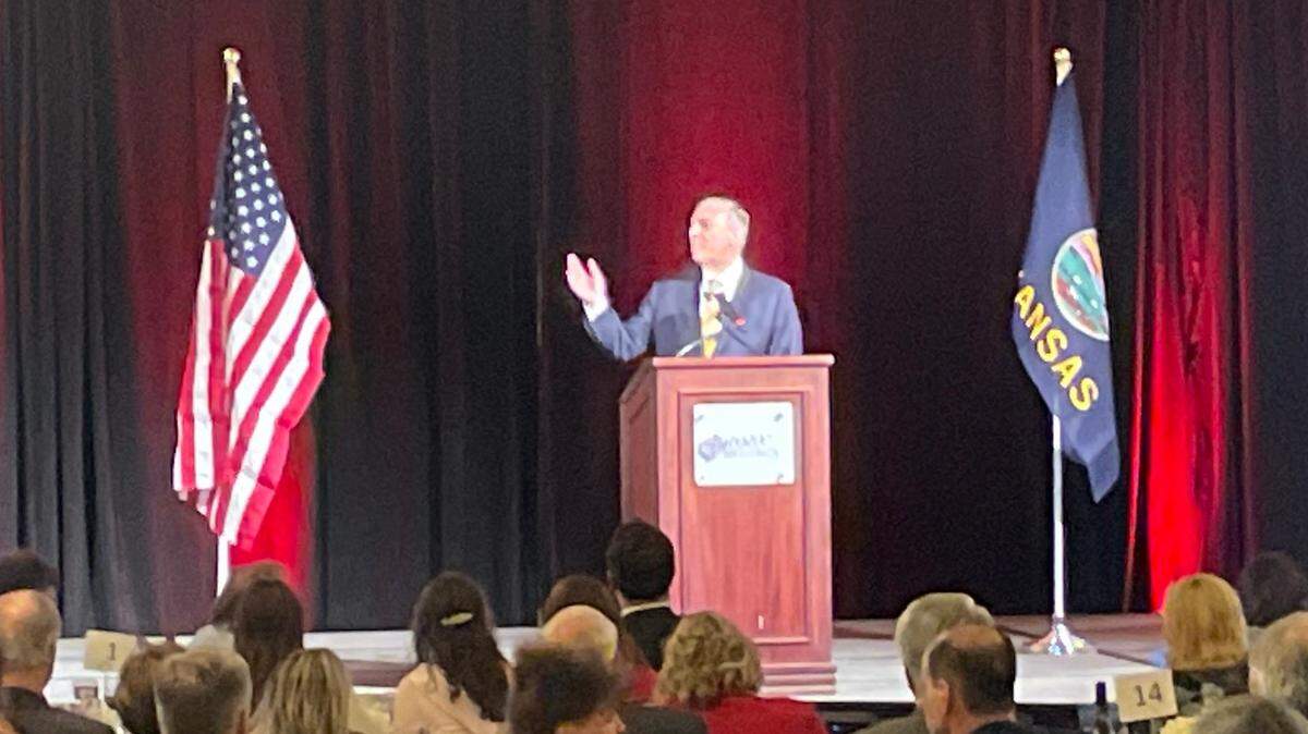 Former Secretary of State Mike Pompeo delivers his keynote speech at the 2022 Kansas state GOP convention at the Hyatt Regency in Wichita. (March 12, 2022)