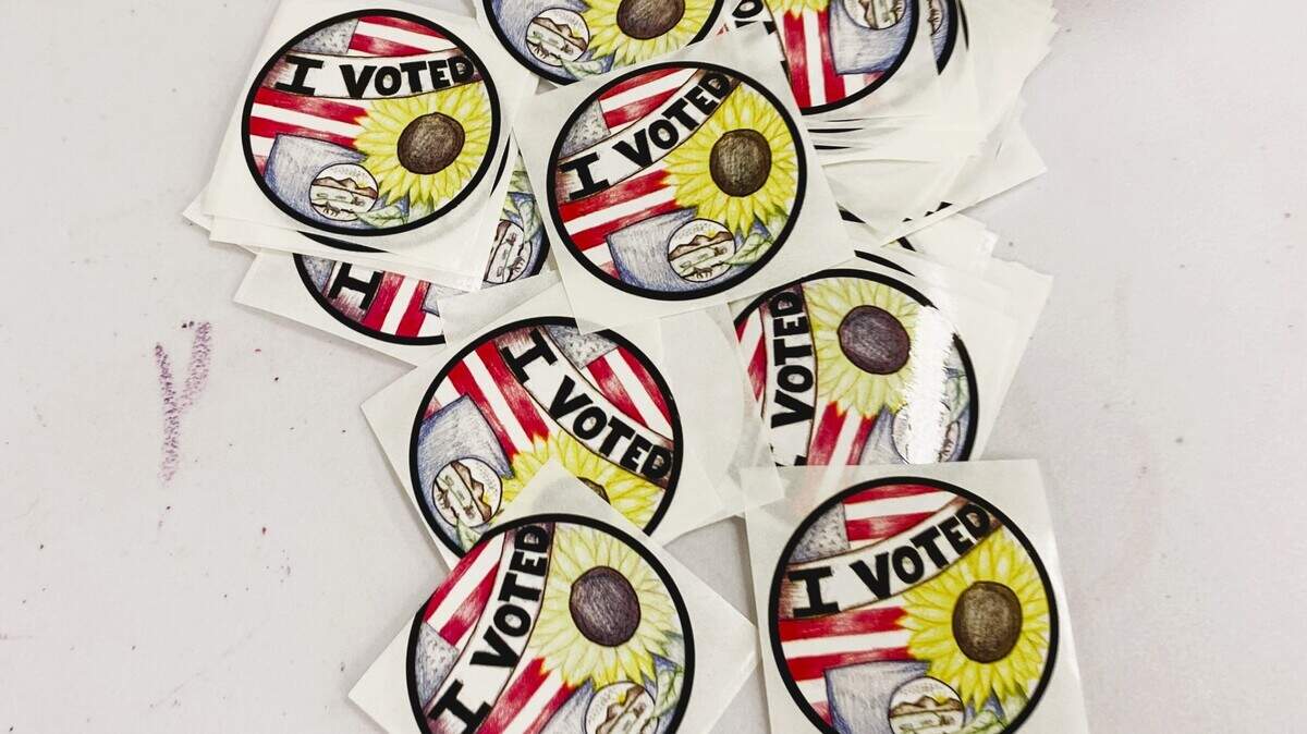 Photo of “I Voted” stickers at Sedgwick County polling site