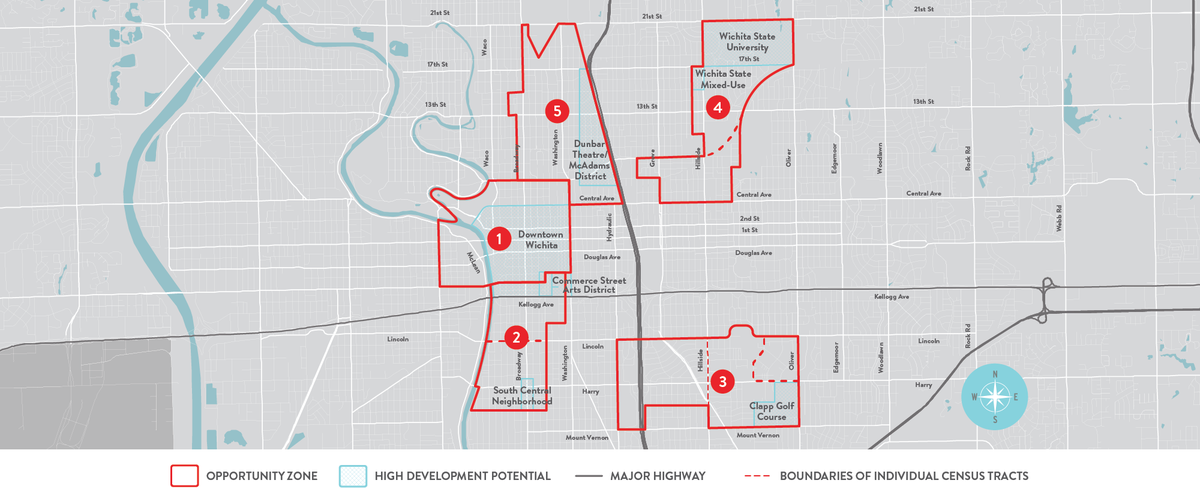 A map of all five of Wichita’s opportunity zones.