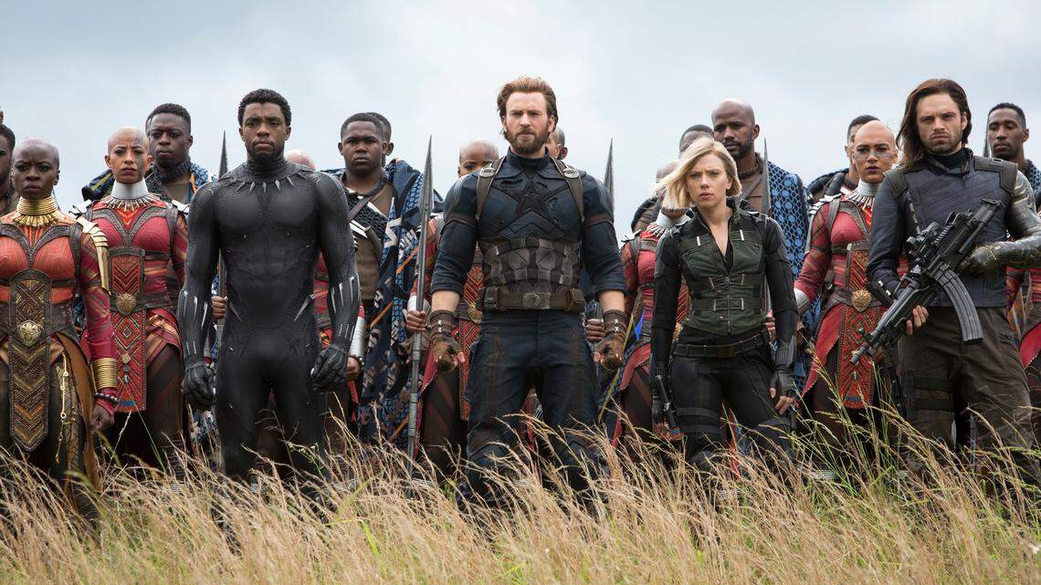 From left, Okoye (Danai Gurira), Black Panther/T’Challa (Chadwick Boseman), Captain America/Steve Rogers (Chris Evans), Black Widow/Natasha Romanoff (Scarlet Johansson) and Winter Soldier/Bucky Barnes (Sebastian Stan) ready for battle in “Avengers: Infinity War.”