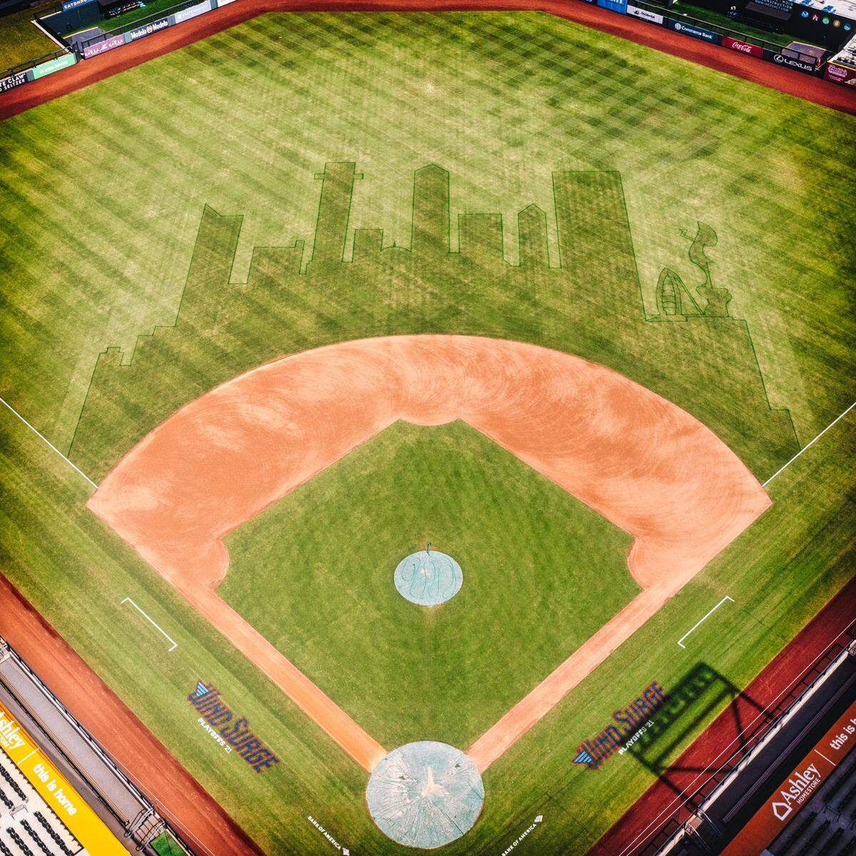 The Wichita skyline design has been one of the favorites done by Wind Surge groundskeeper Ben Hartman.