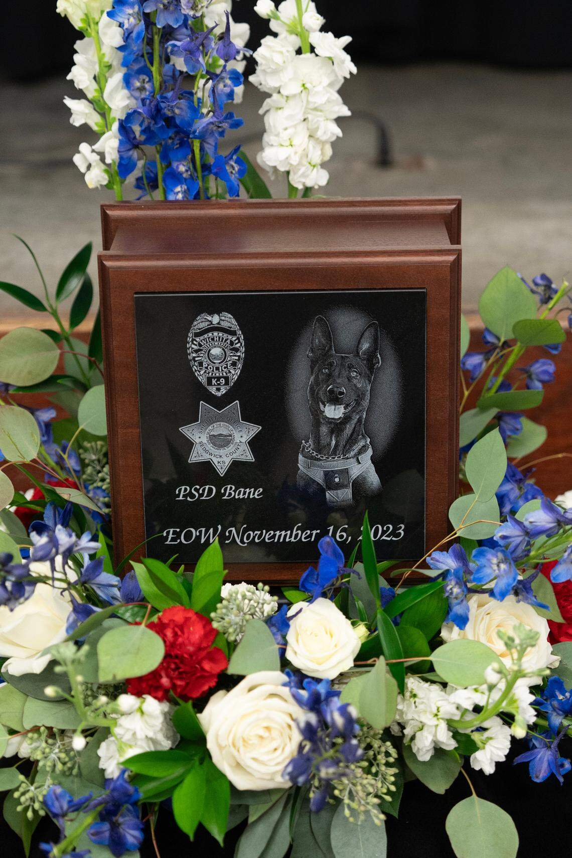 A service was held at the Sedgwick County Extension Center to honor fallen Sedgwick County Sheriff’s Office K-9 Bane. Bane was killed on November 16, 2023 when he was deployed into a drainage pipe in an effort to apprehend a suspect who strangled the dog to death. 