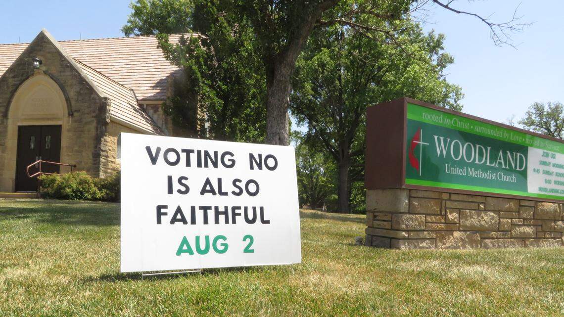 A vote “no” sign on the lawn at Woodland United Methodist Church in Wichita