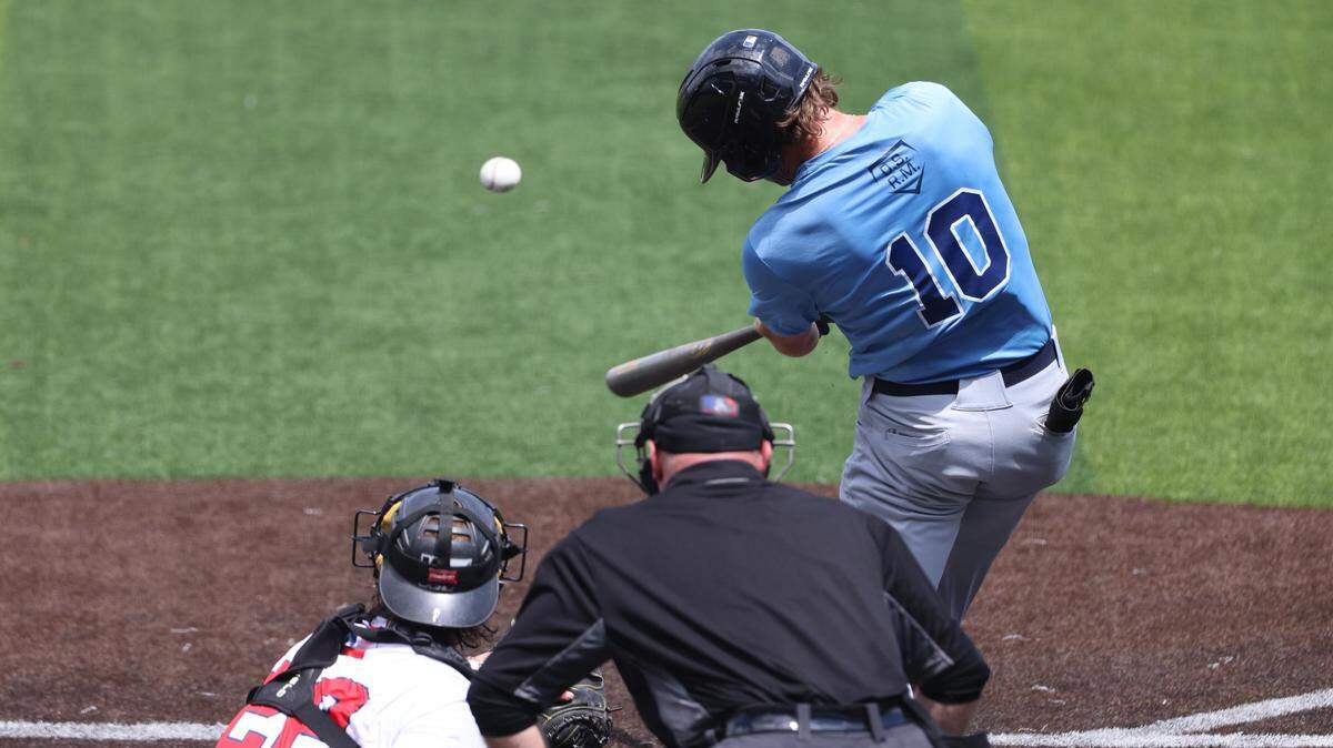 Blake Bradford hits a double into the gap at Eck Stadium during the Hutchinson Monarchs’ 11-1 run-rule victory over Lonestar Baseball Club in the quarterfinals of the NBC World Series on Thursday.