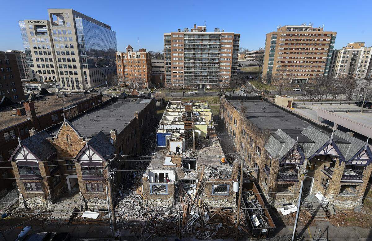 The middle building of the three Green Gables apartments in the 4700 block of Summit Street in Kansas City was dismantled by hand in 2016. Preservationists wanted the three Nelle Peters-deisgned 1927 buildings preserved in an existing historic district of structures designed by her. The developer of the site planned a new multifamily residential project there.