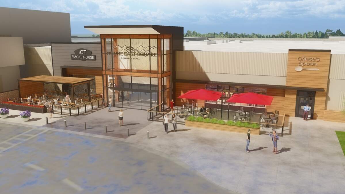 Towne East Square in Wichita is getting an interior and exterior upgrade, scheduled to be complete in 2023. The restaurant names in the drawings by LK Architecture are fictional.